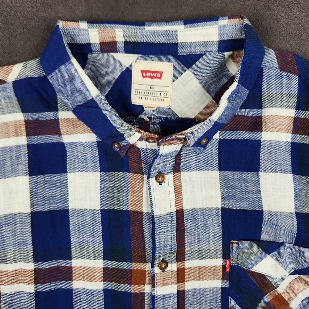 Levis Bellfore Shirt Mens XXL Blue Brown Plaid Flannel Long Sleeve Cotton‎ NEW